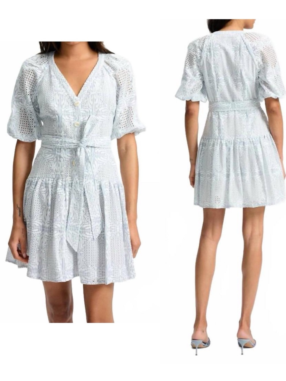 VERONICA BEARD Bobbie Eyelet Mini Dress Blue White Belt Coastal Womens Size 12